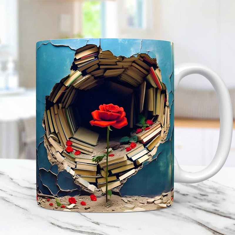 3D blommig bokhylla sprucket hål kaffemugg
