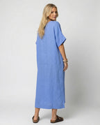Women casual linen maxi dress with V-neck and wide cut sleeves