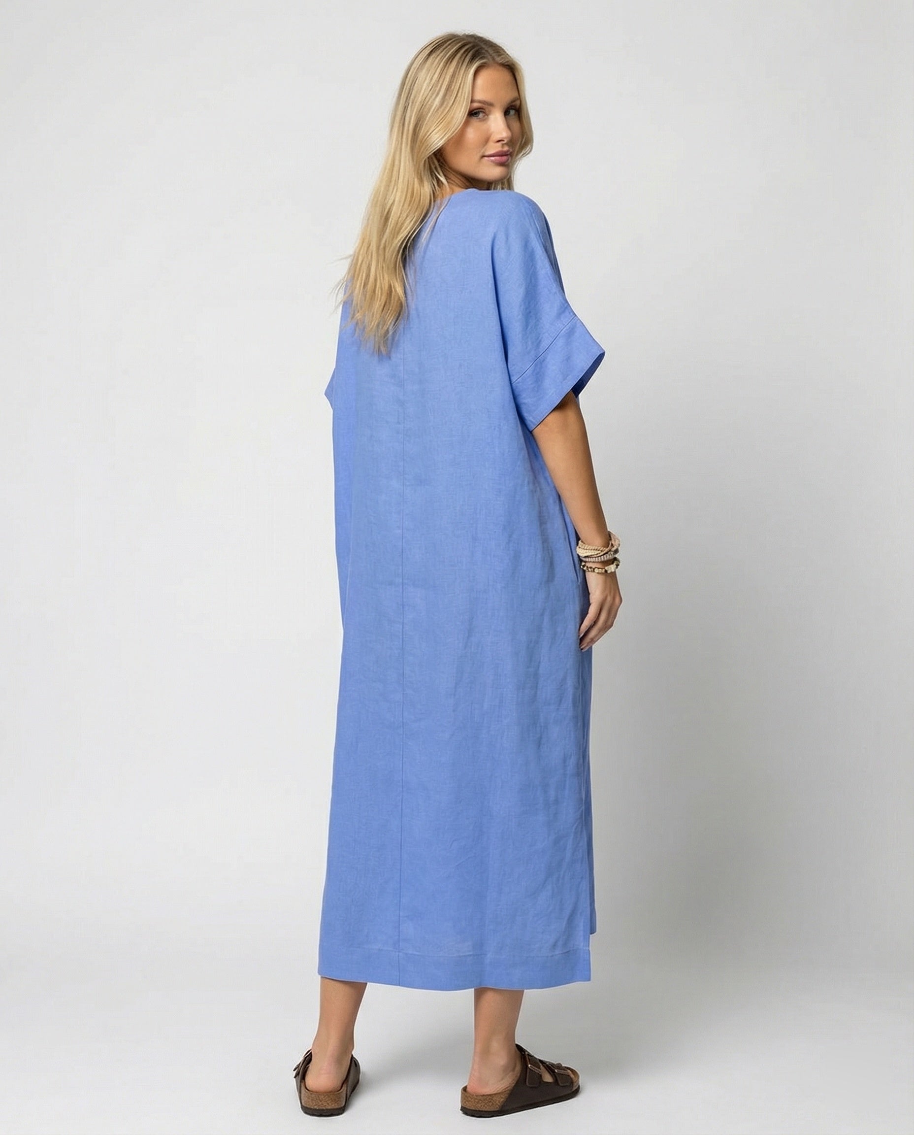 Women casual linen maxi dress with V-neck and wide cut sleeves