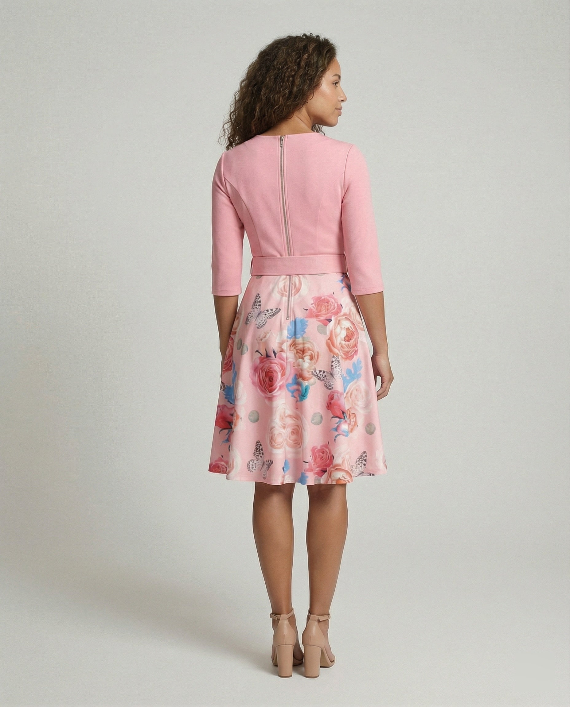 Women's A-line dress with fitted belt and floral pattern