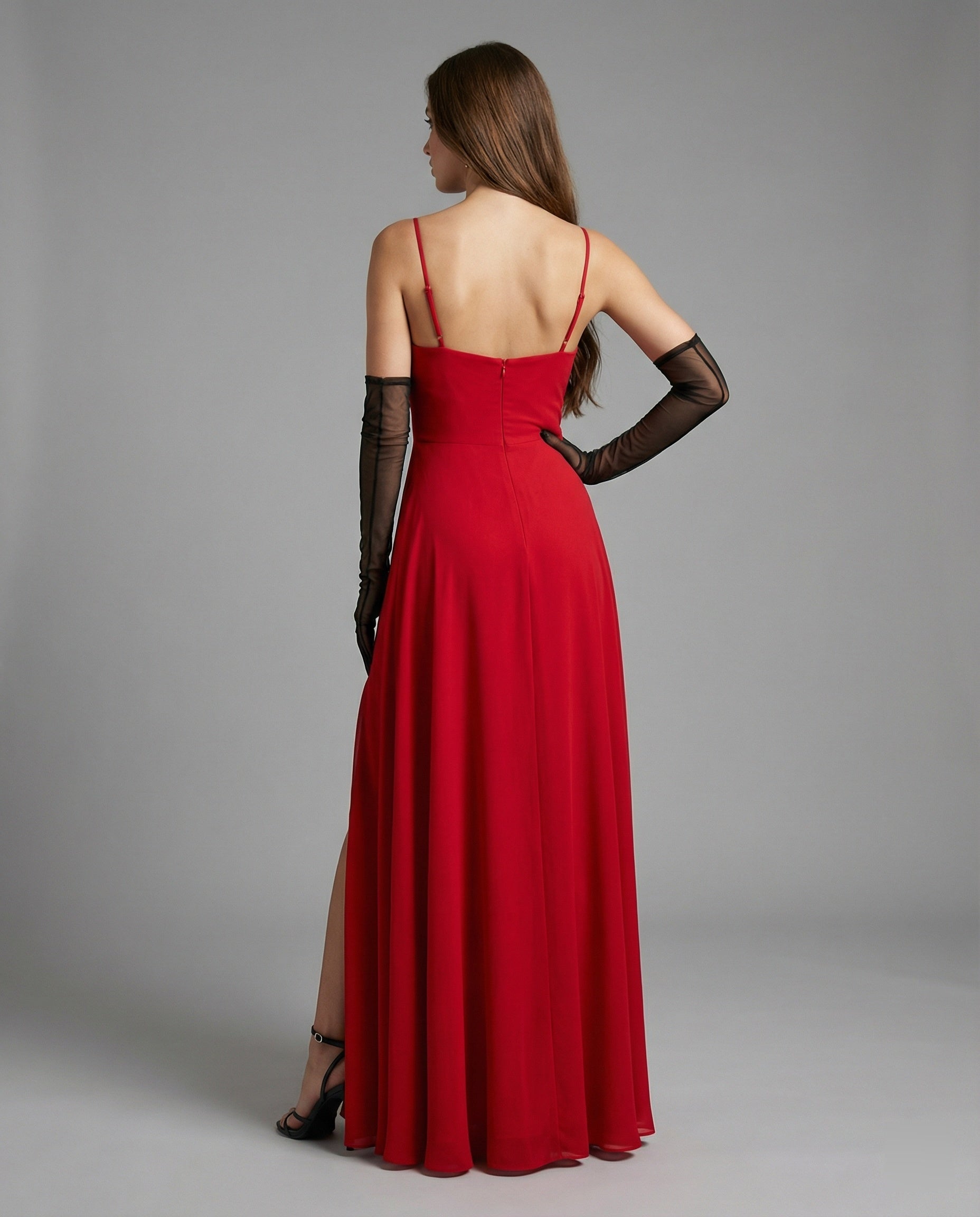 Women's Elegant Evening Dress with Flowing Skirt and Deep Slit