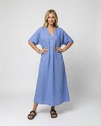 Women casual linen maxi dress with V-neck and wide cut sleeves