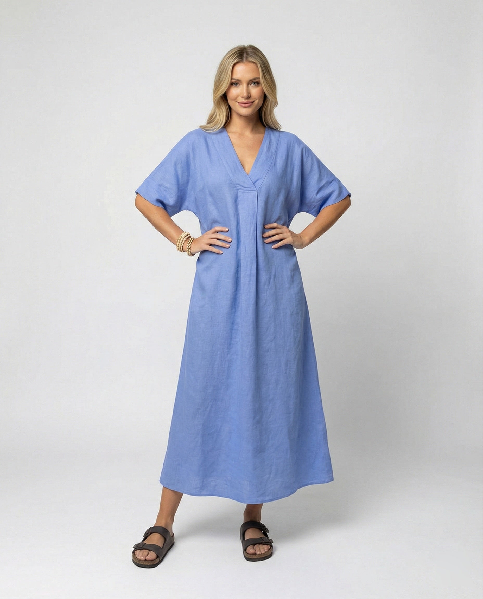 Women casual linen maxi dress with V-neck and wide cut sleeves