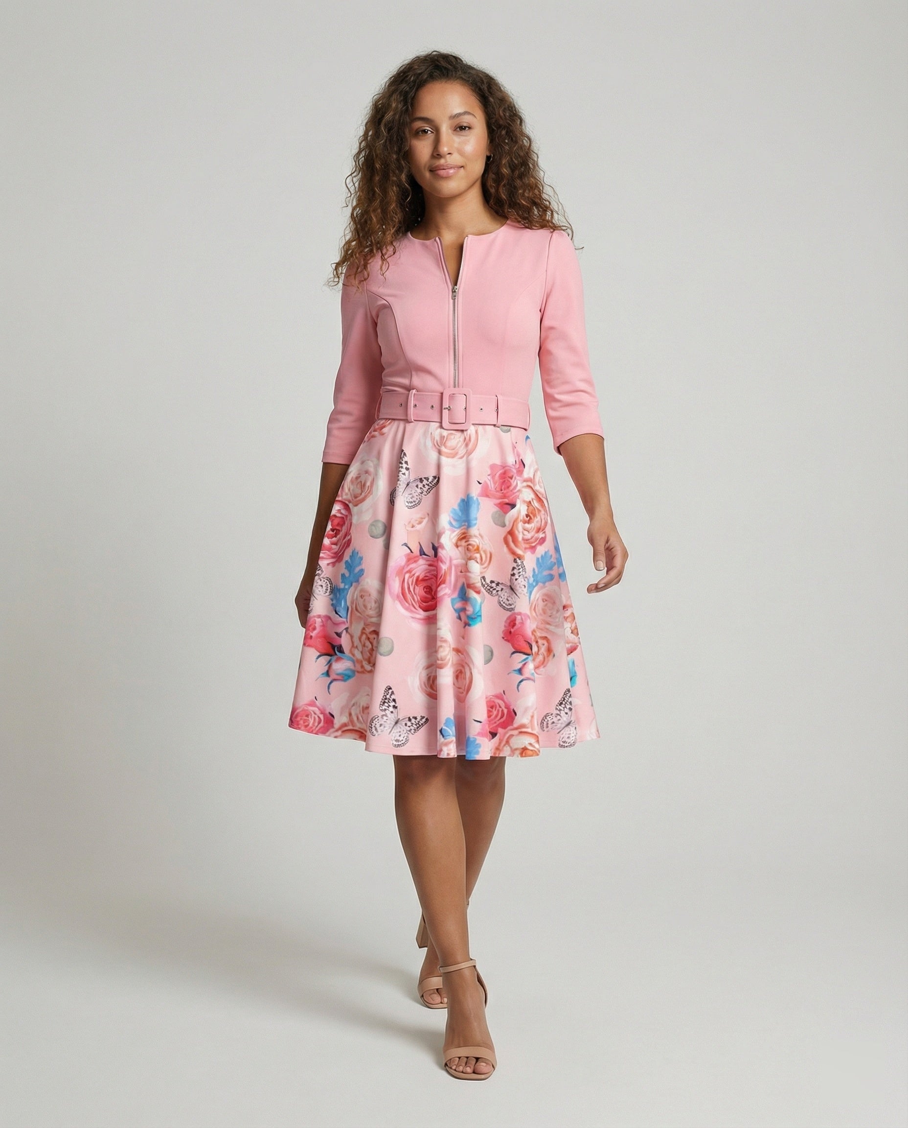 Women's A-line dress with fitted belt and floral pattern