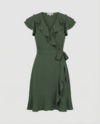 Women's wrap dress with voluminous ruffle details and waist belt