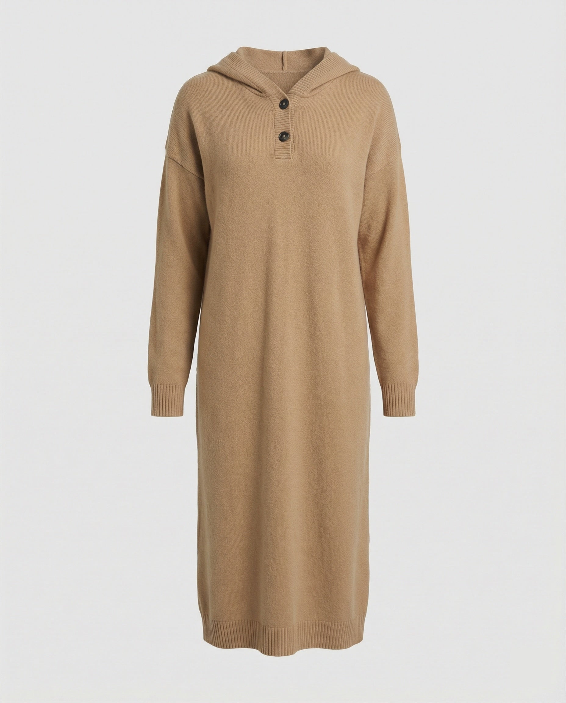Women's hoodie dress made of soft knit material with button placket and hood