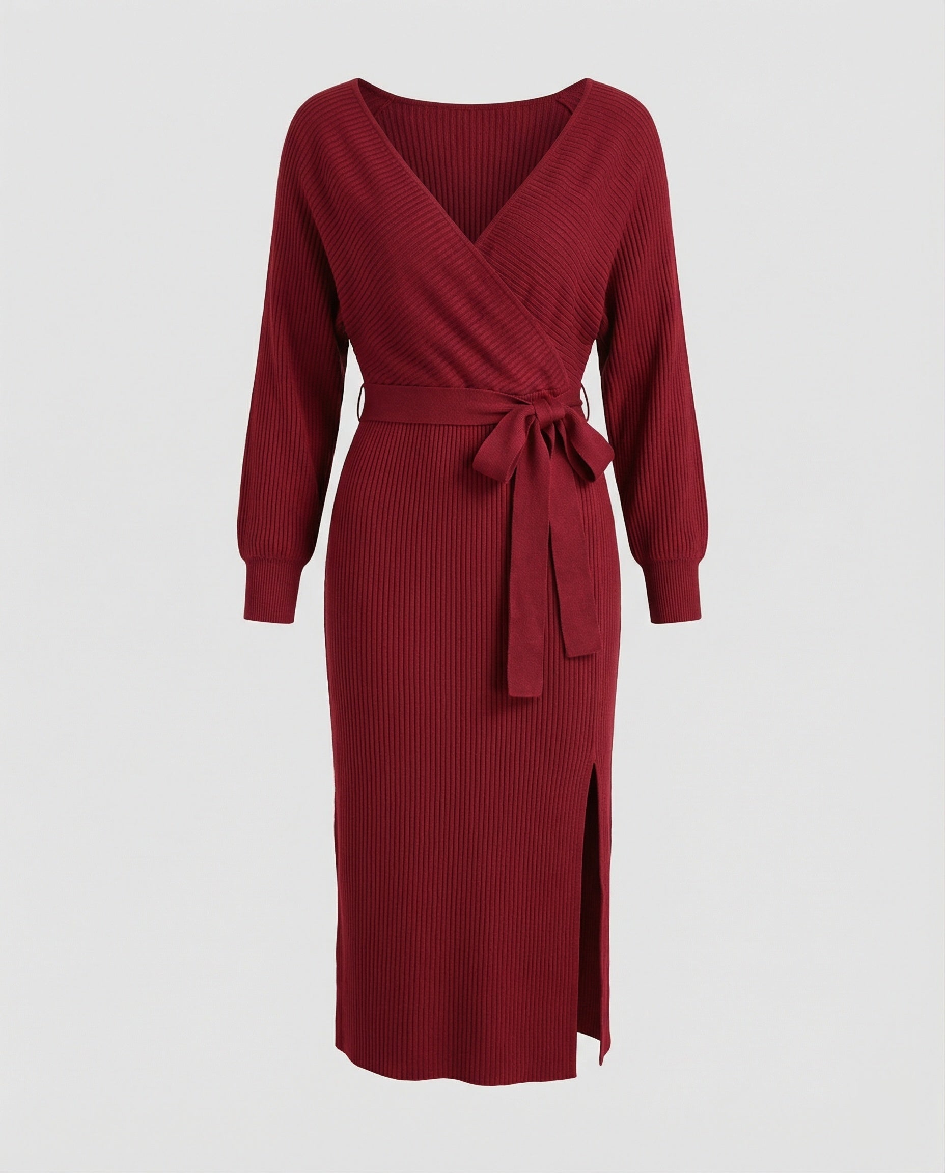 Ladies knit dress with elegant wrap design and decorative belt