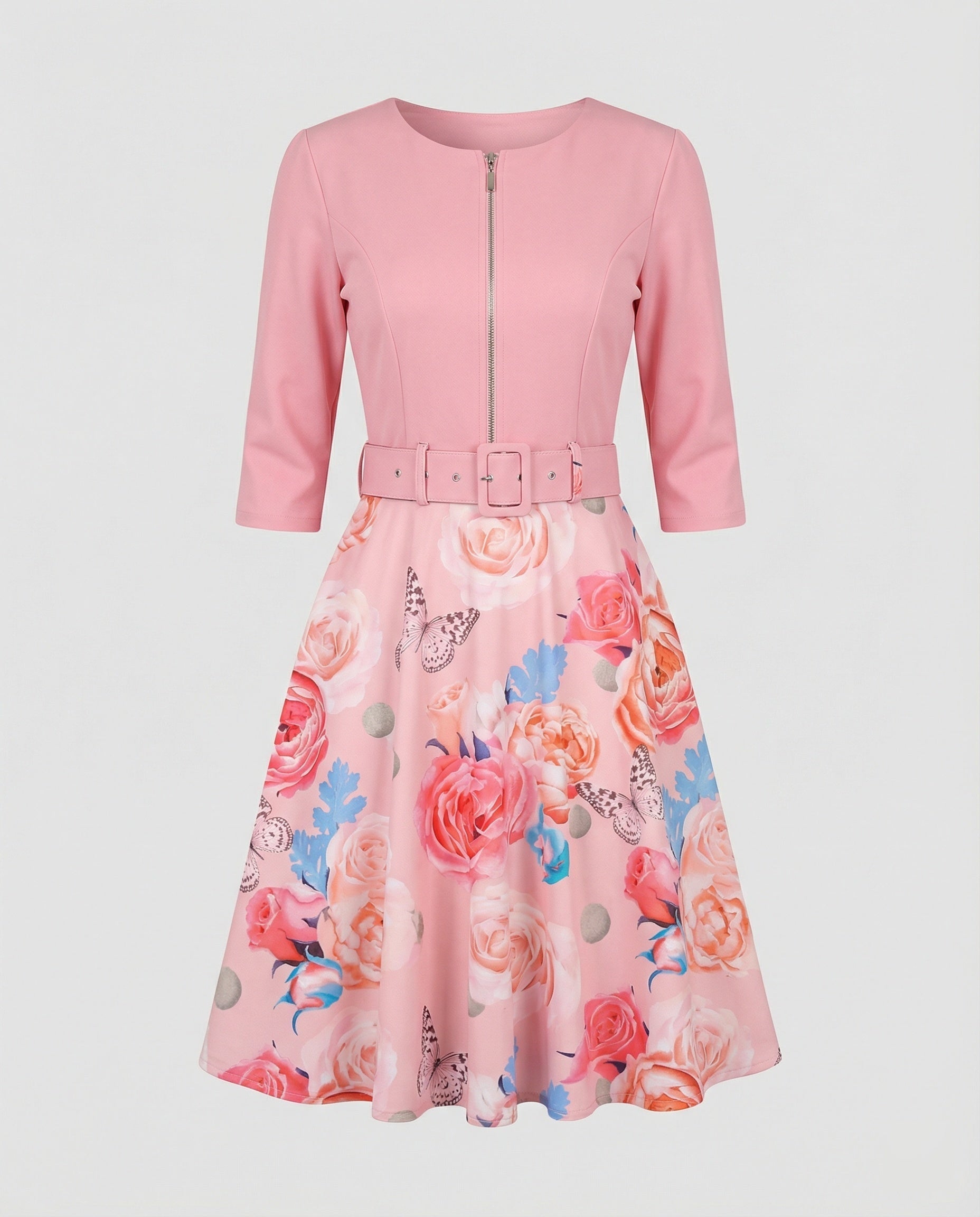 Women's A-line dress with fitted belt and floral pattern