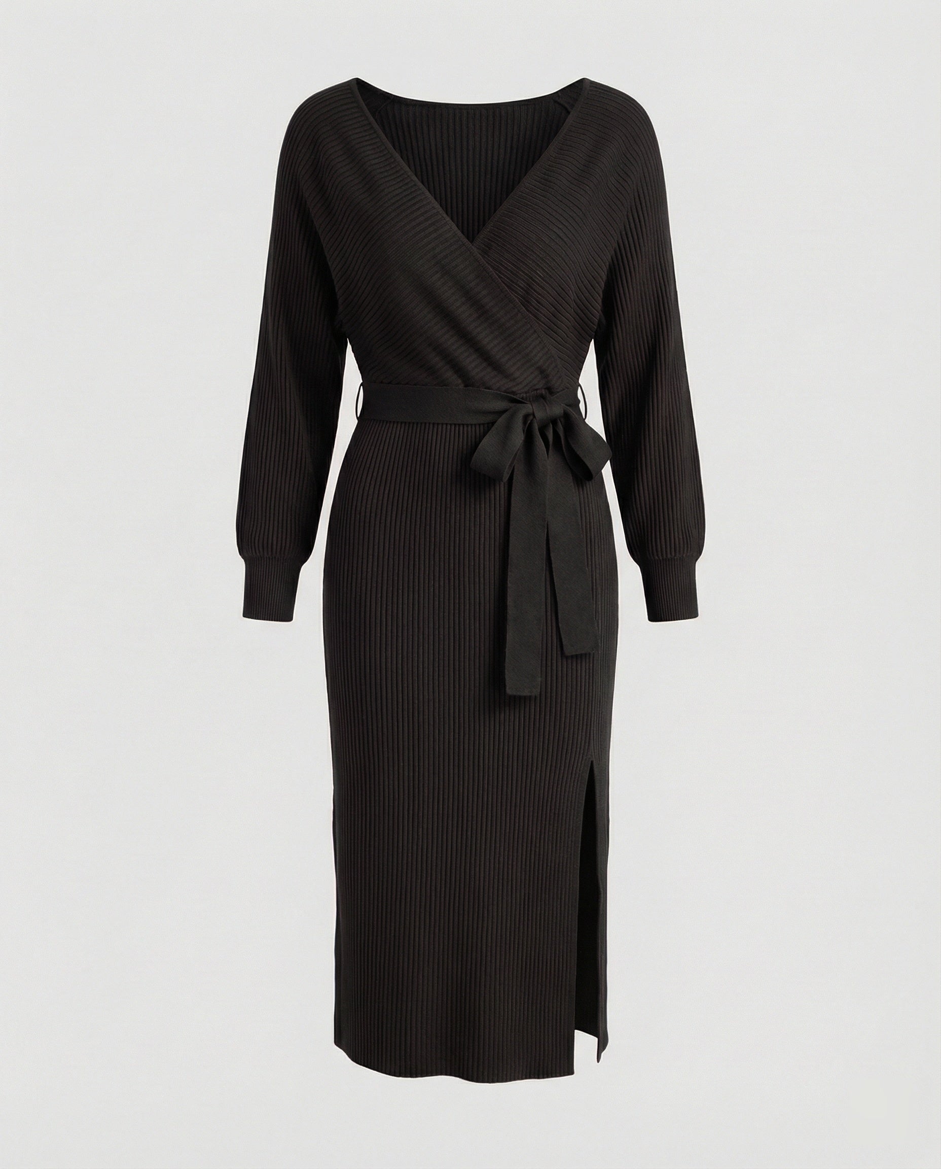 Ladies knit dress with elegant wrap design and decorative belt