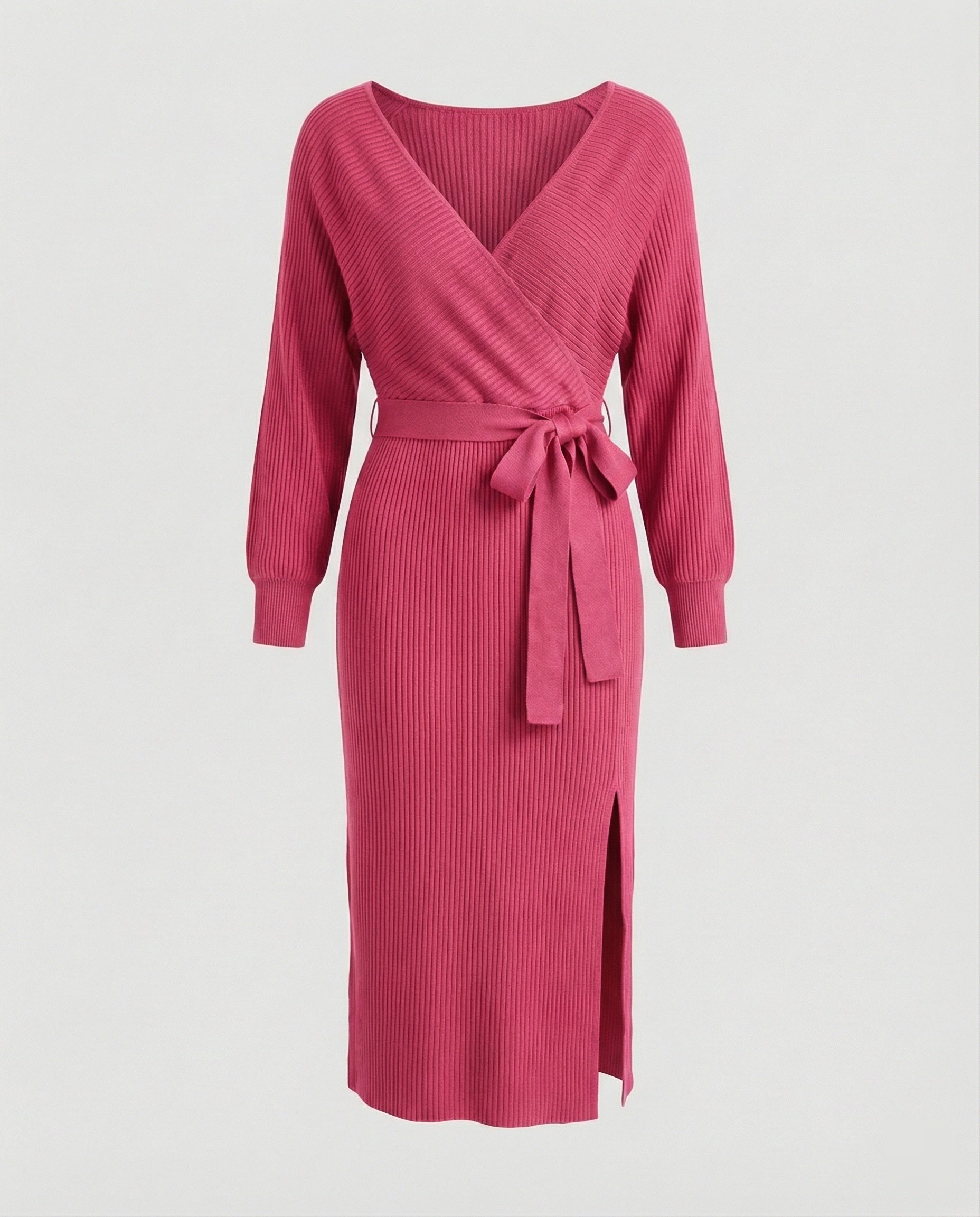Ladies knit dress with elegant wrap design and decorative belt