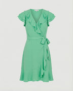 Women's wrap dress with voluminous ruffle details and waist belt