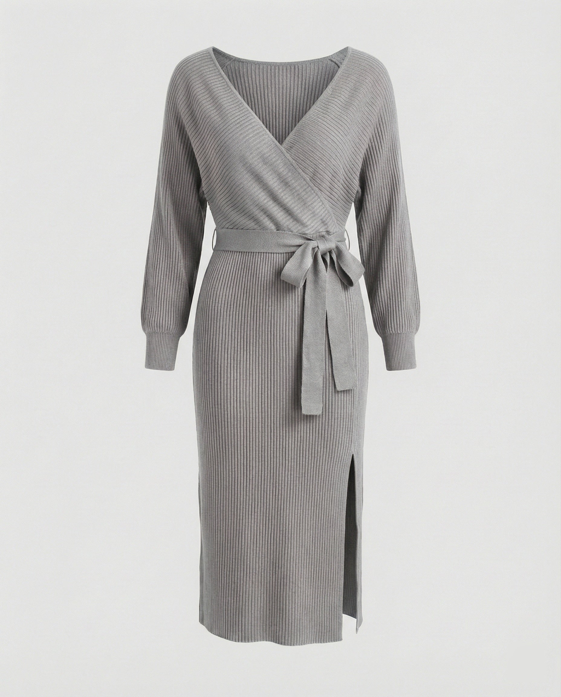 Ladies knit dress with elegant wrap design and decorative belt