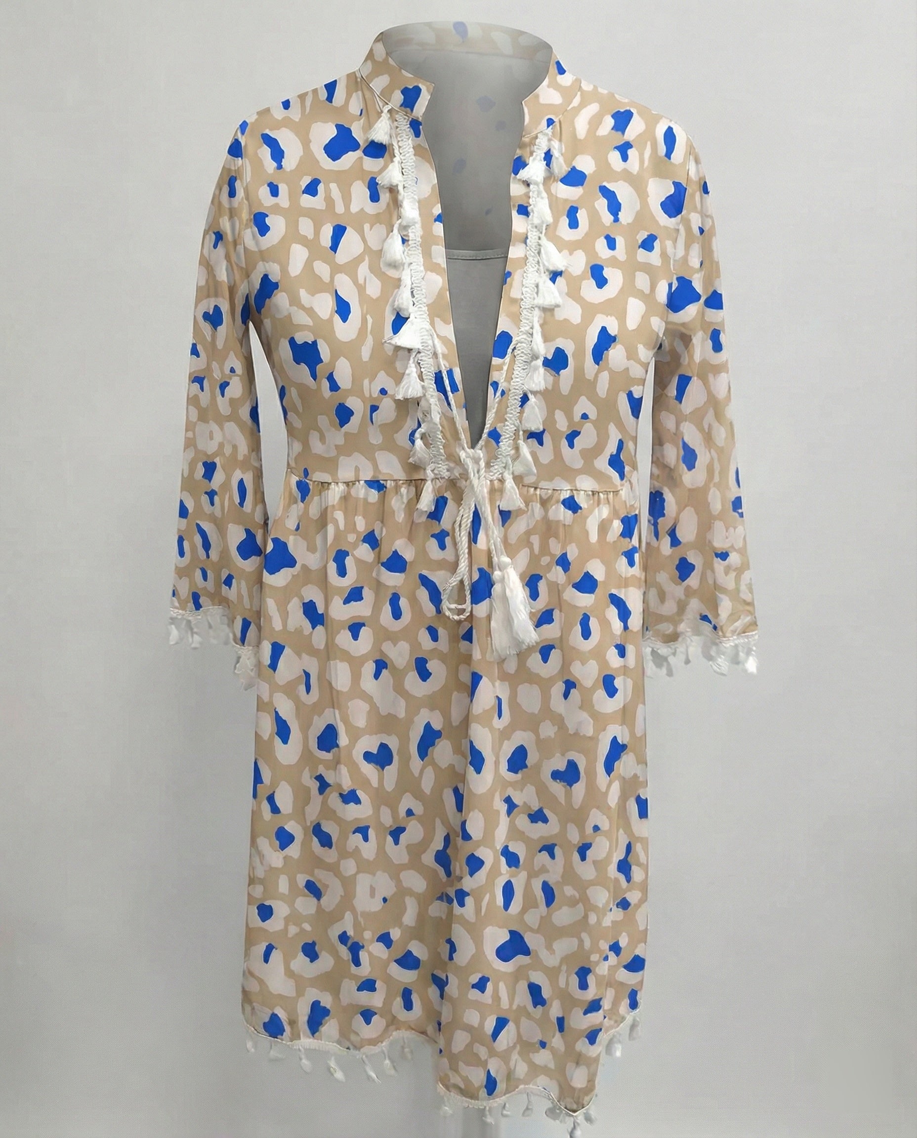 Women’s beach dress with high collar and romantic floral pattern