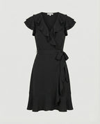 Women's wrap dress with voluminous ruffle details and waist belt