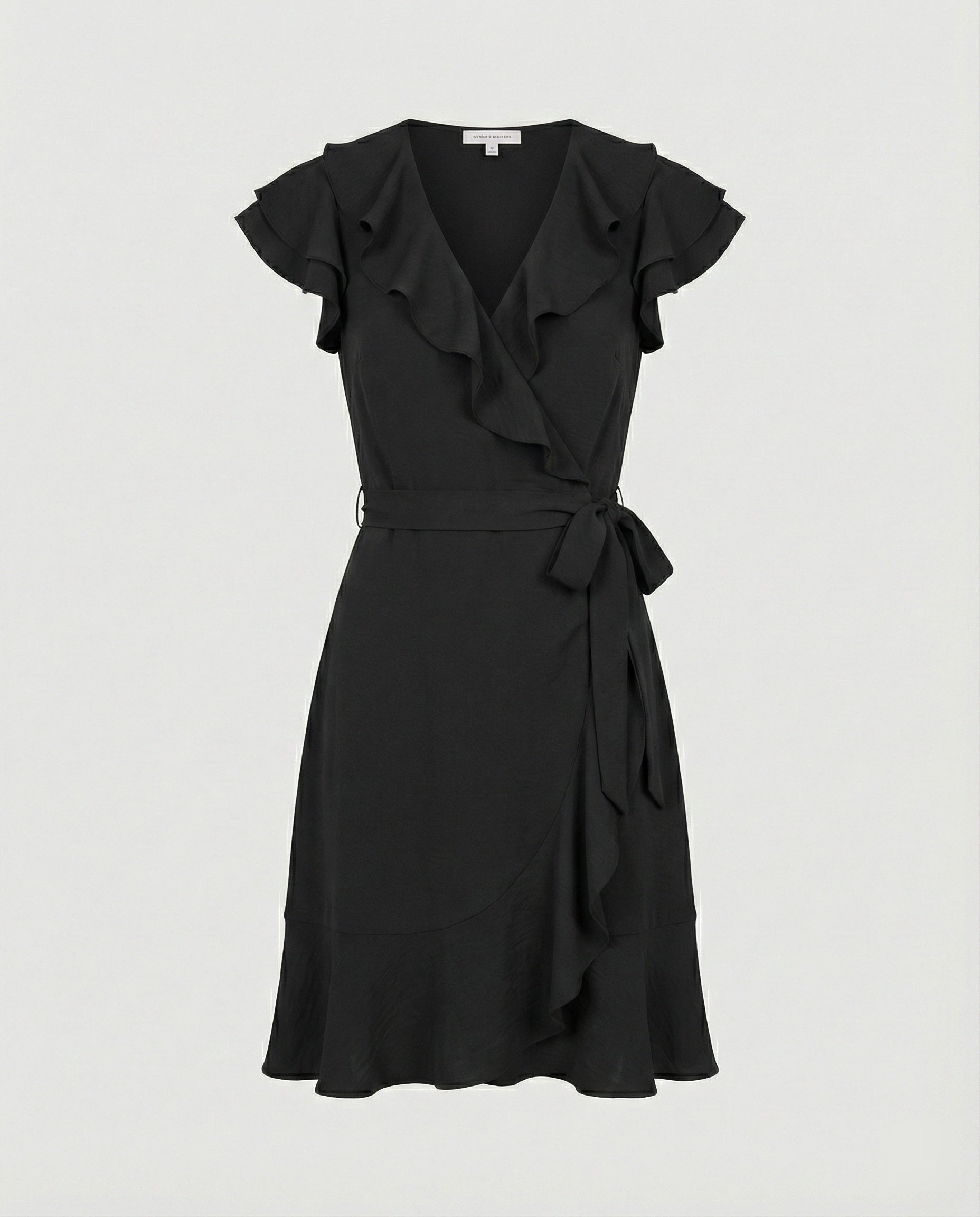 Women's wrap dress with voluminous ruffle details and waist belt