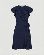 Women's wrap dress with voluminous ruffle details and waist belt