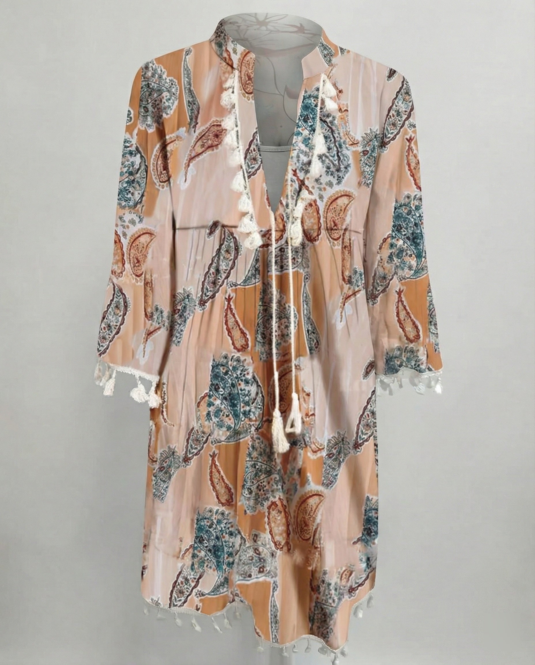Women’s beach dress with high collar and romantic floral pattern