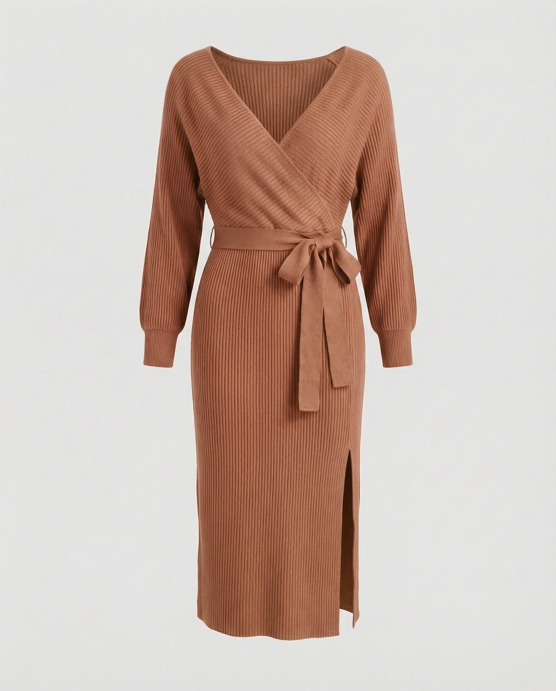 Ladies knit dress with elegant wrap design and decorative belt
