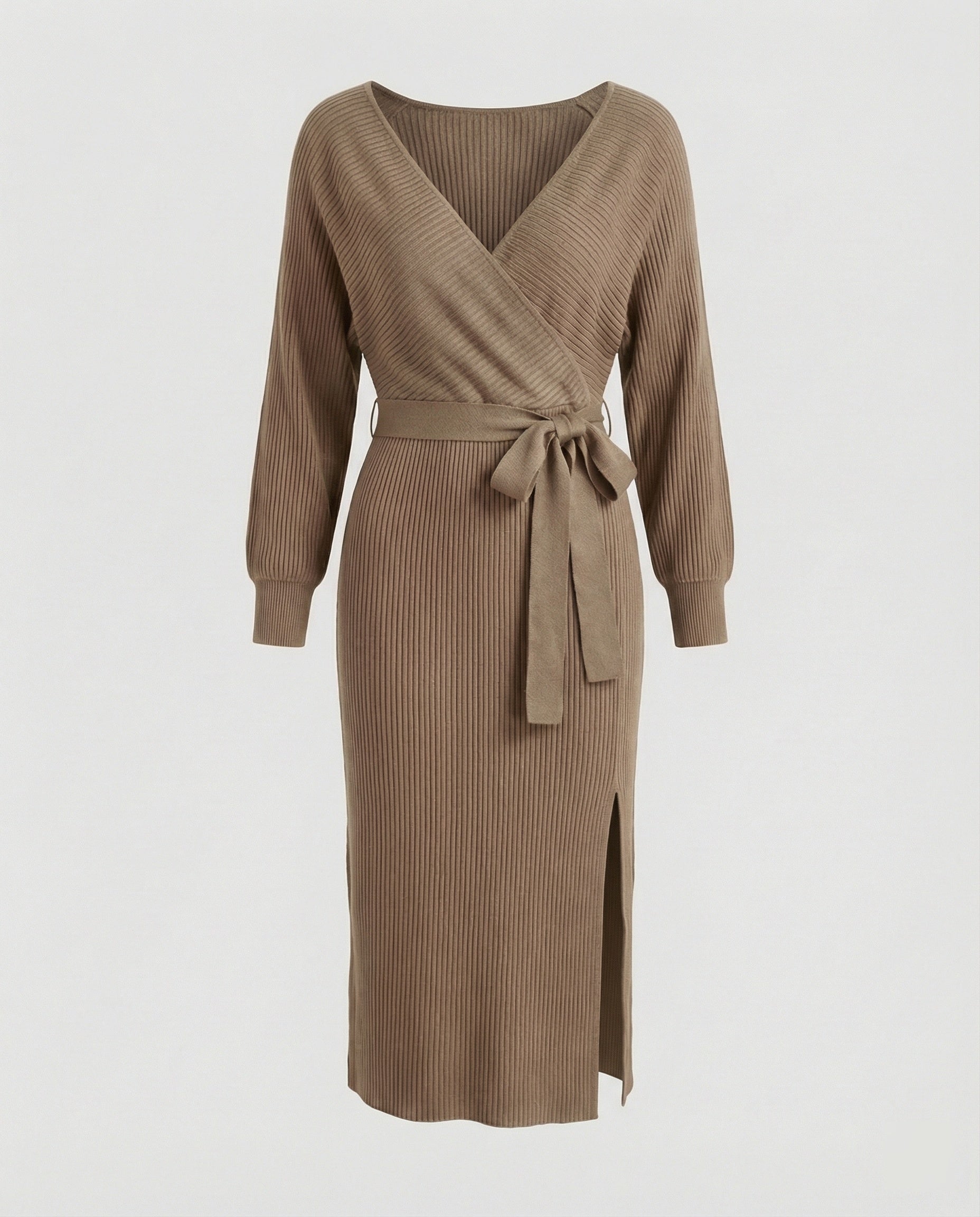 Ladies knit dress with elegant wrap design and decorative belt