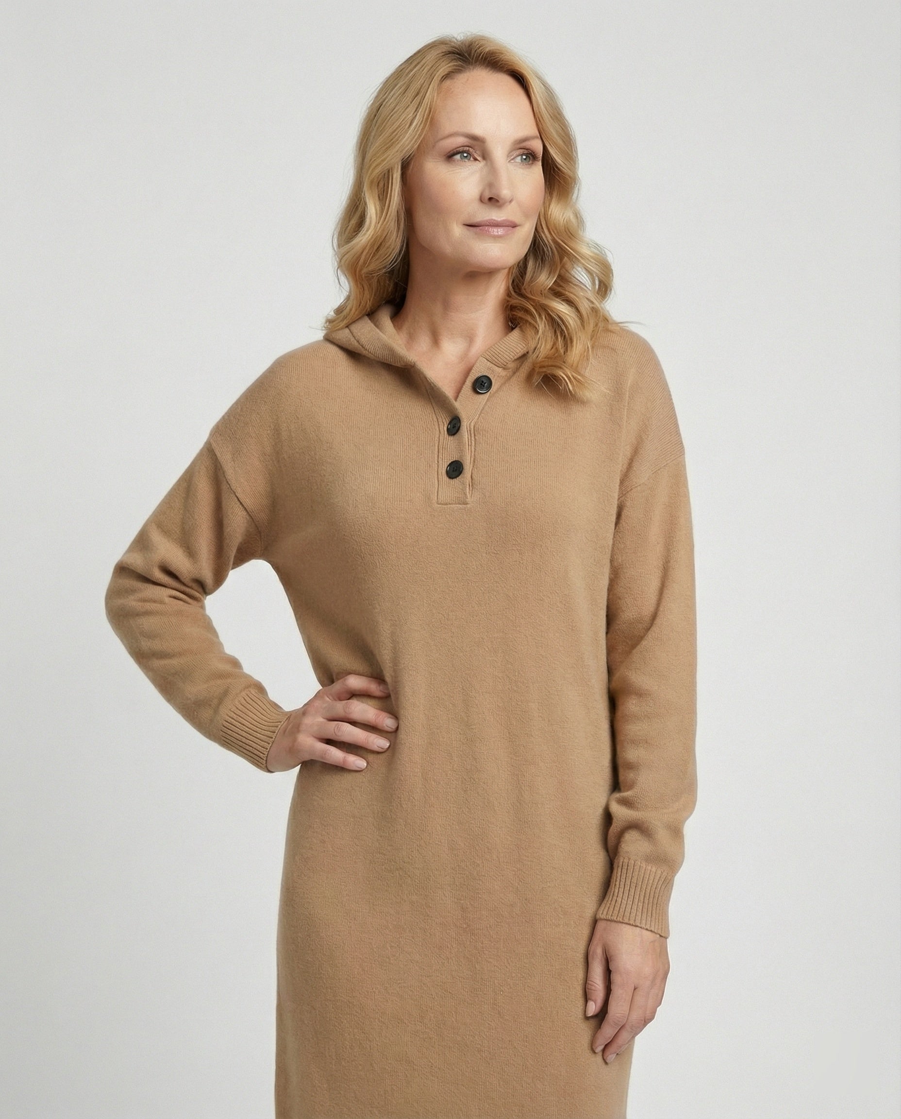 Women's hoodie dress made of soft knit material with button placket and hood