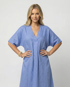 Women casual linen maxi dress with V-neck and wide cut sleeves