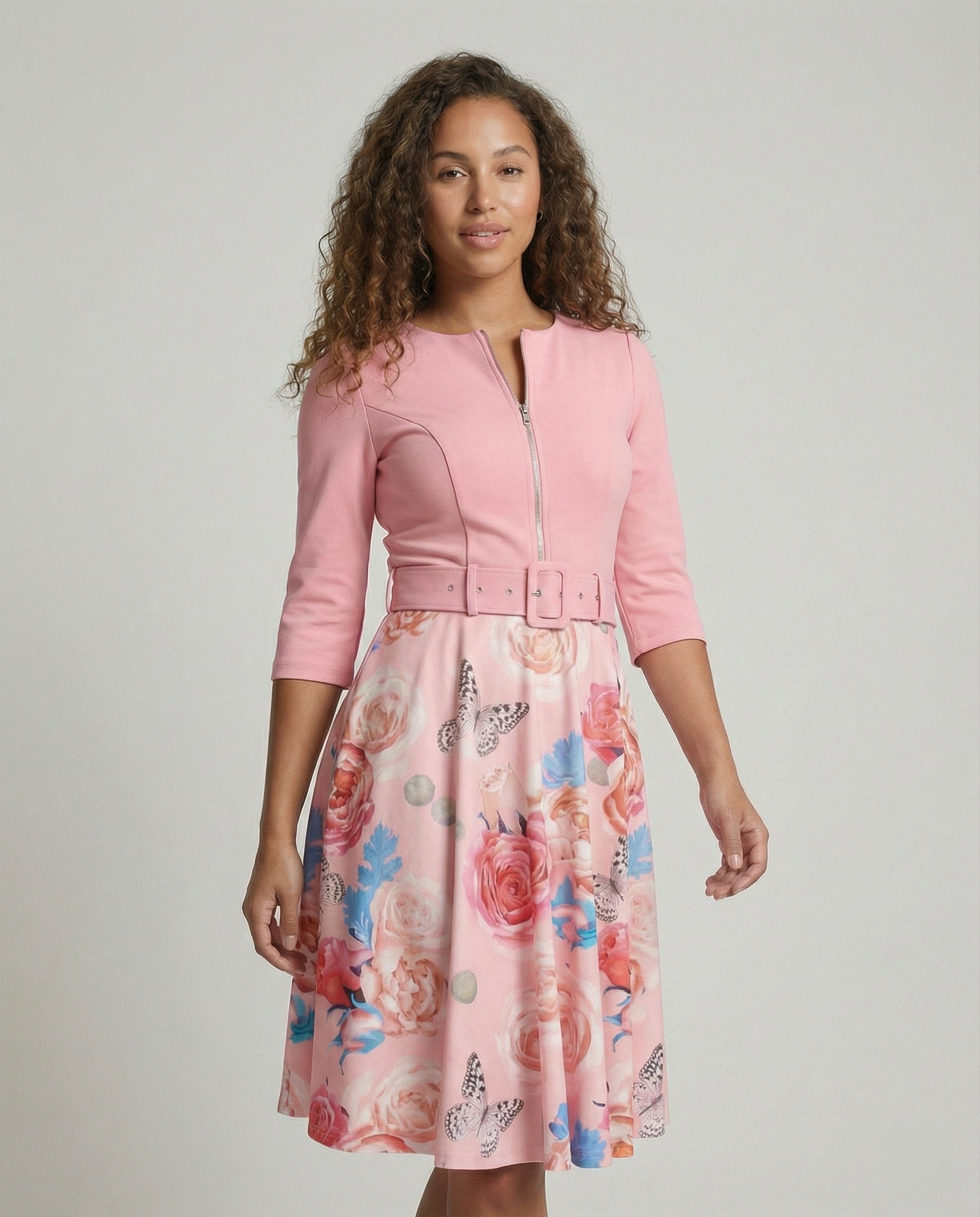Women's A-line dress with fitted belt and floral pattern